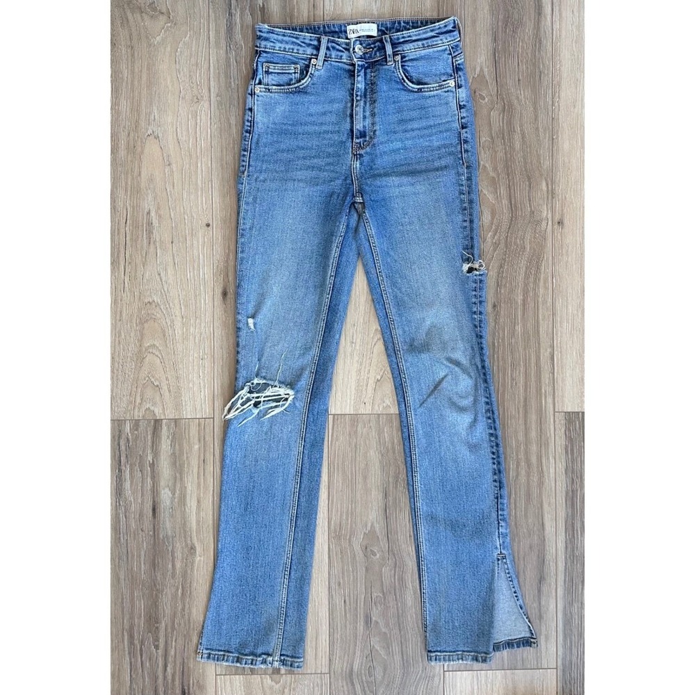 Zara High Rise Distressed Side Slit Flare Jeans Medium Wash Blue Grunge Moto